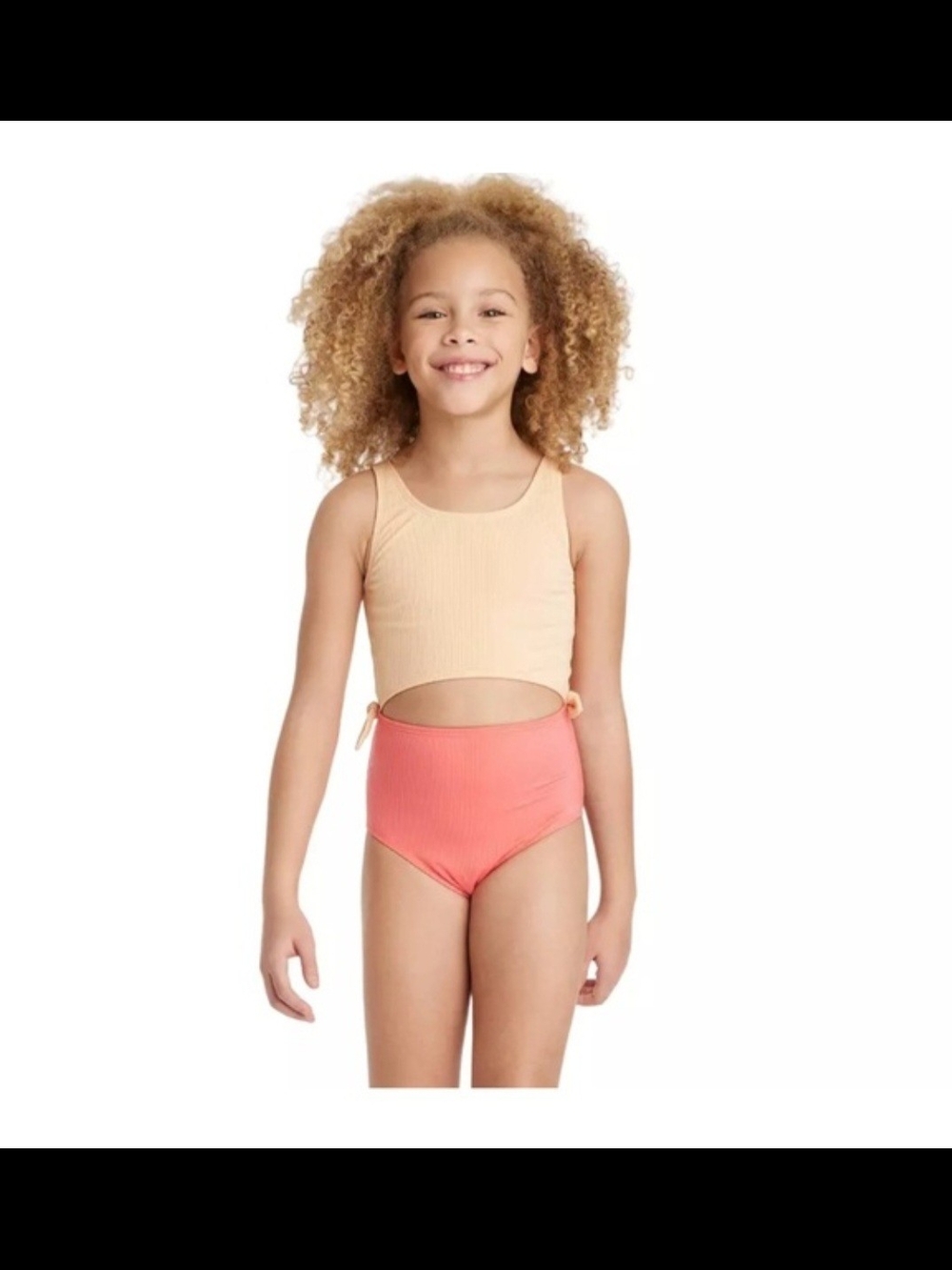 Girl's Art Class Peach & Coral Two-Tone Ribbed Swimsuit